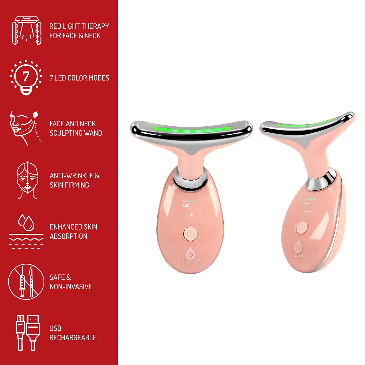 Pursonic 7-in-1 LED Light Therapy Beauty Device - Red Light Therapy Face & Neck Sculpting Wand-1