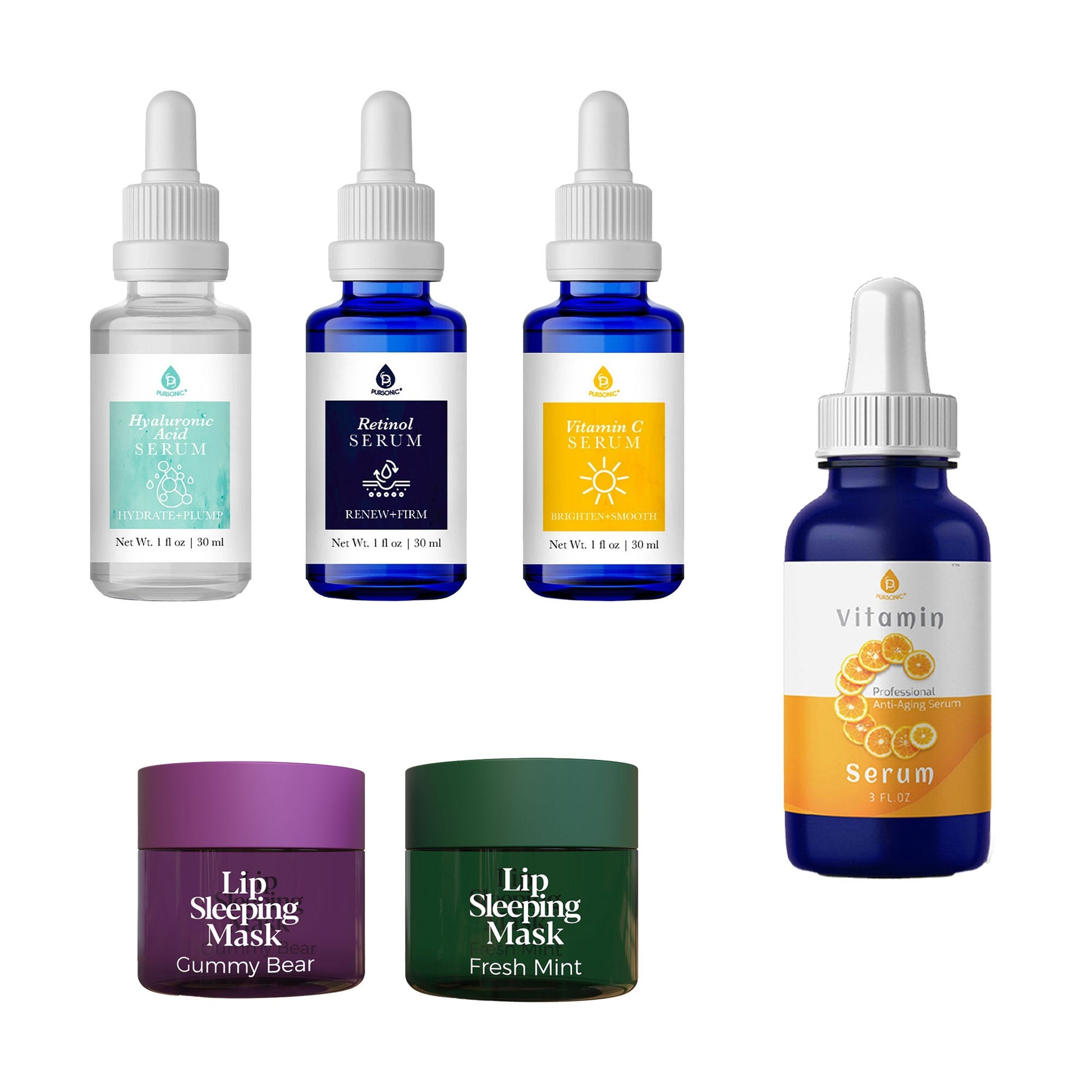 Pursonic Complete Radiance Bundle: Vitamin C Serum (3 oz), Anti-Aging Serum Set & Lip Sleeping Masks – Gummy Bear & Fresh Mint-0