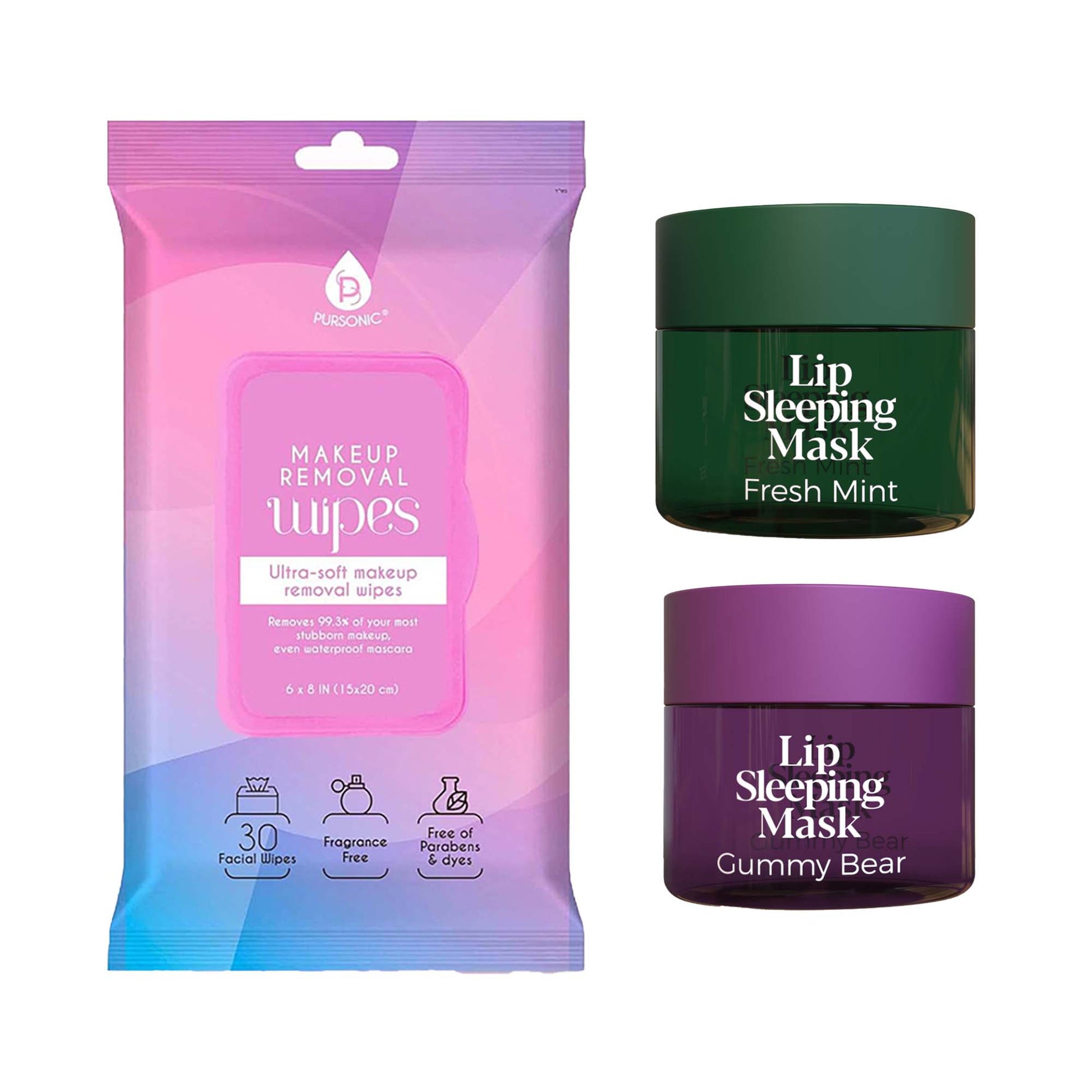 Pursonic Lip Care & Cleanse Bundle – Lip Sleeping Mask (Gummy Bear & Fresh Mint) + Makeup Removal Wipes (60-Count)-0