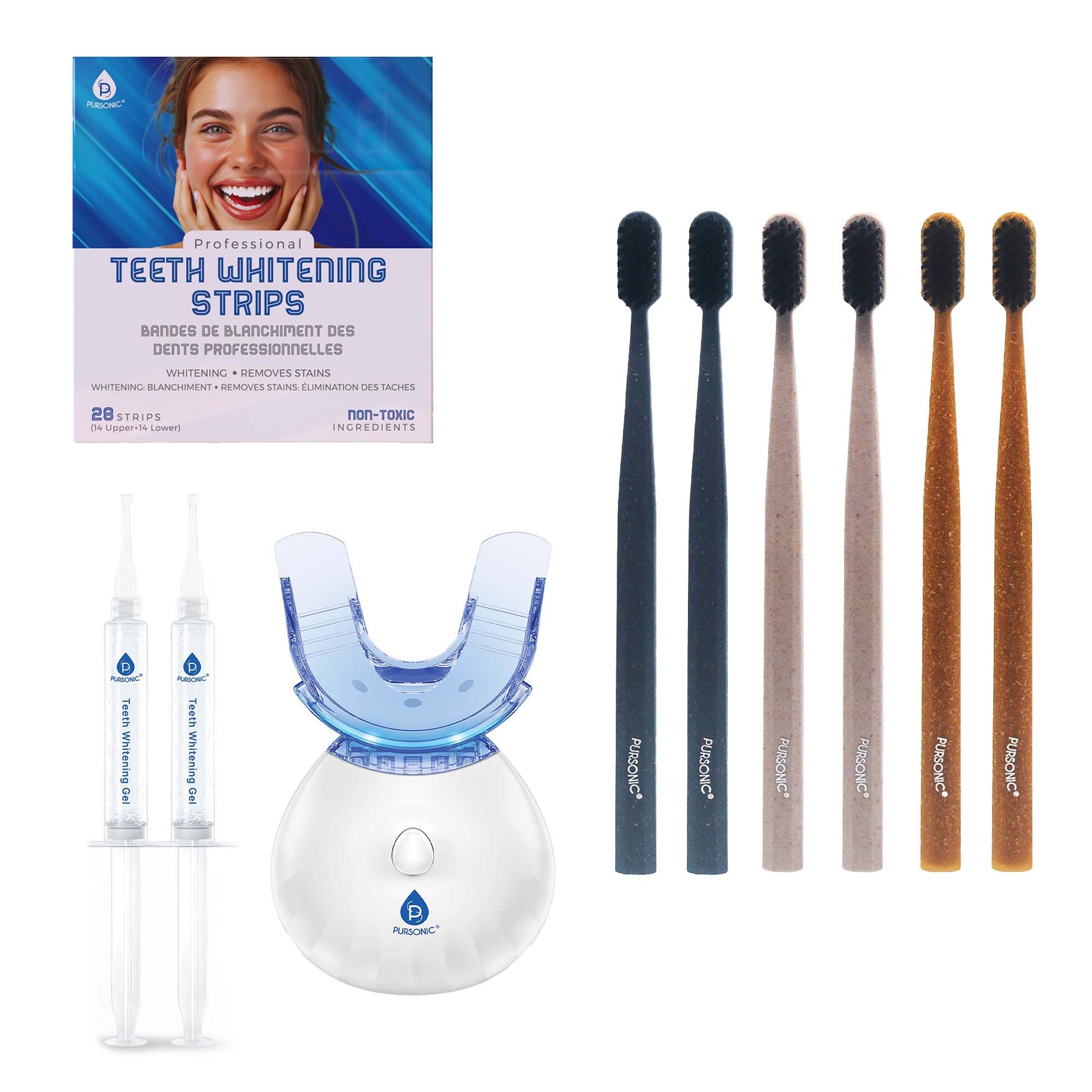Pursonic LED Teeth Whitening Solution, Whitening Strips & Charcoal Toothbrush Bundle-0
