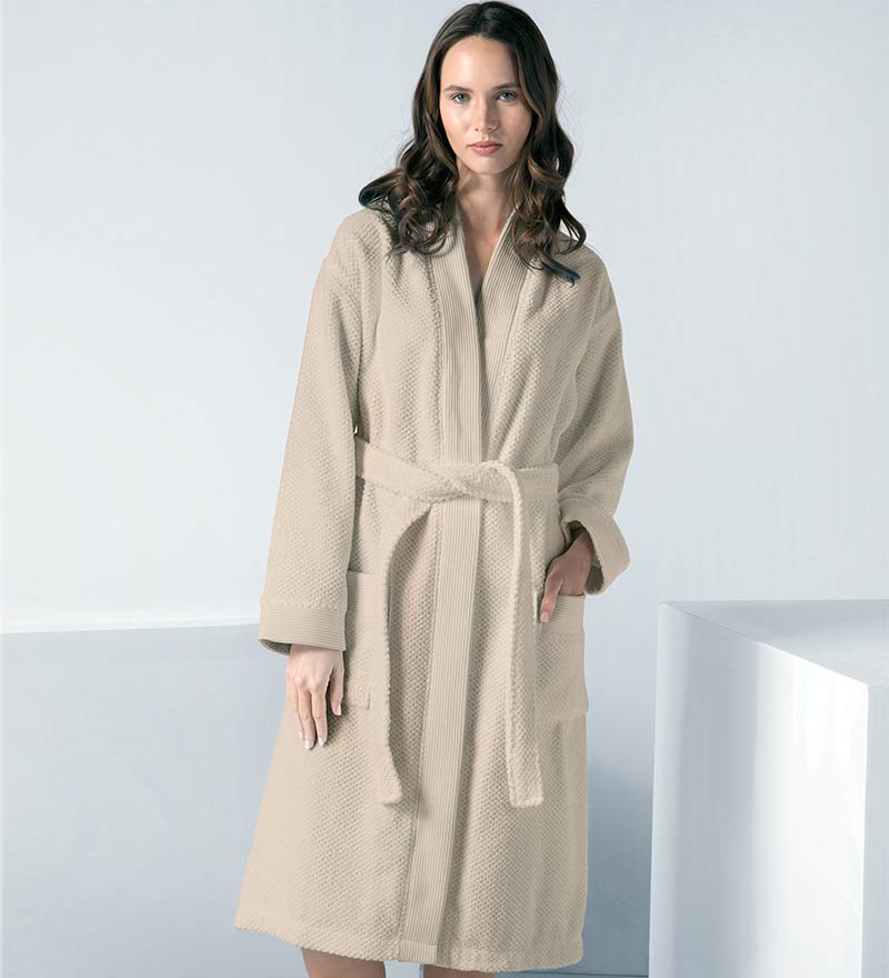 Women's Beige Terry Cloth Kimono Robe - Clearance-0
