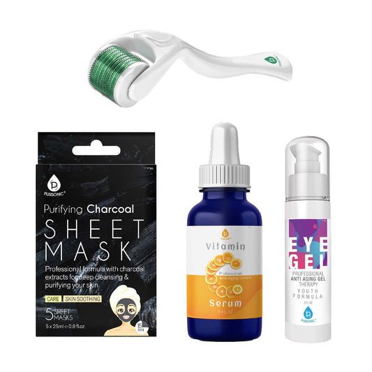 Radiance Boost Bundle: Derma Roller, Vitamin C Serum, Anti-Aging Eye Gel & Charcoal Mask – 4-Step Skincare Set for Youthful Glow-0