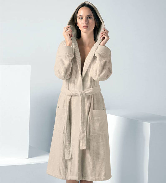 Women's Beige Hooded Terry Cloth Robe - Clearance-0