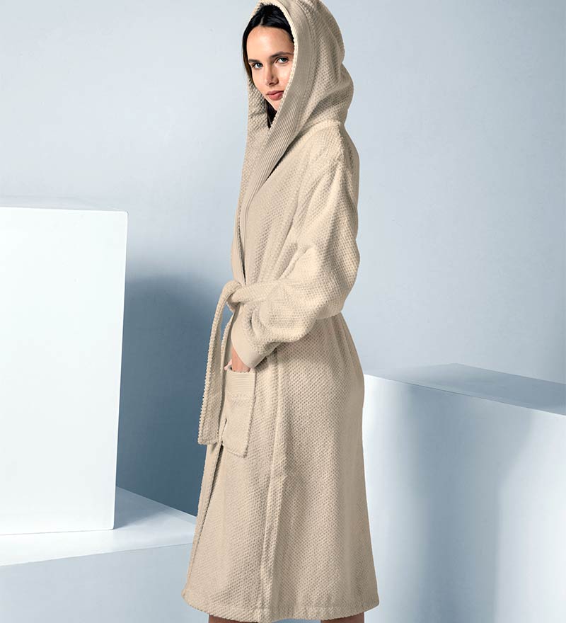 Women's Beige Hooded Terry Cloth Robe - Clearance-1